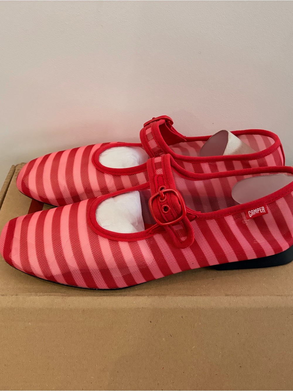 Camper Red Striped Mary Jane Flats